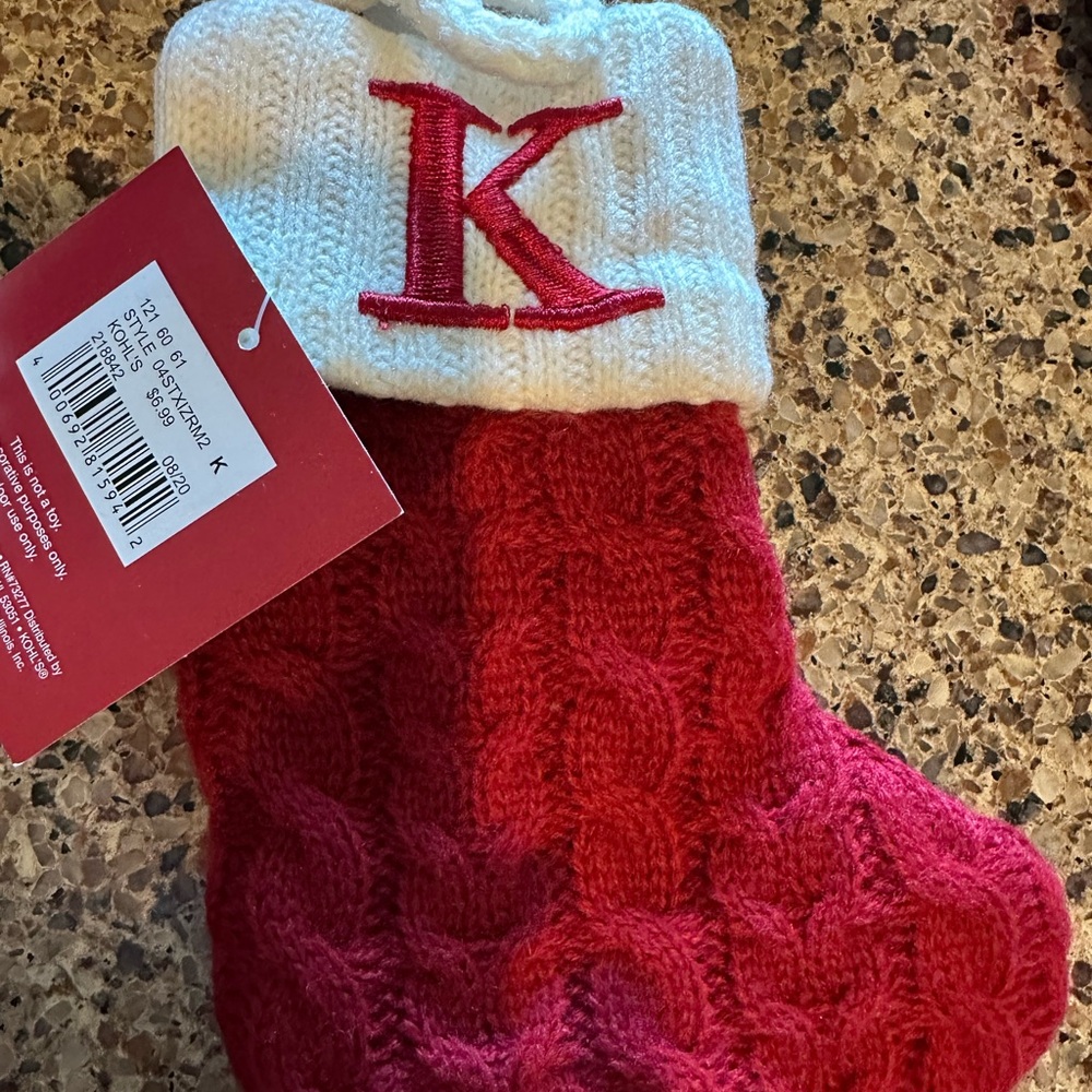 St. Nicholas Square Red and White small size Christmas Stocking with K Initial